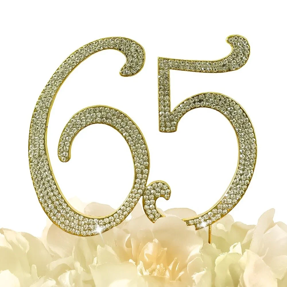 Rhinestone Cake Topper - Number 65 - Gold Metal with Czech Rhinestones